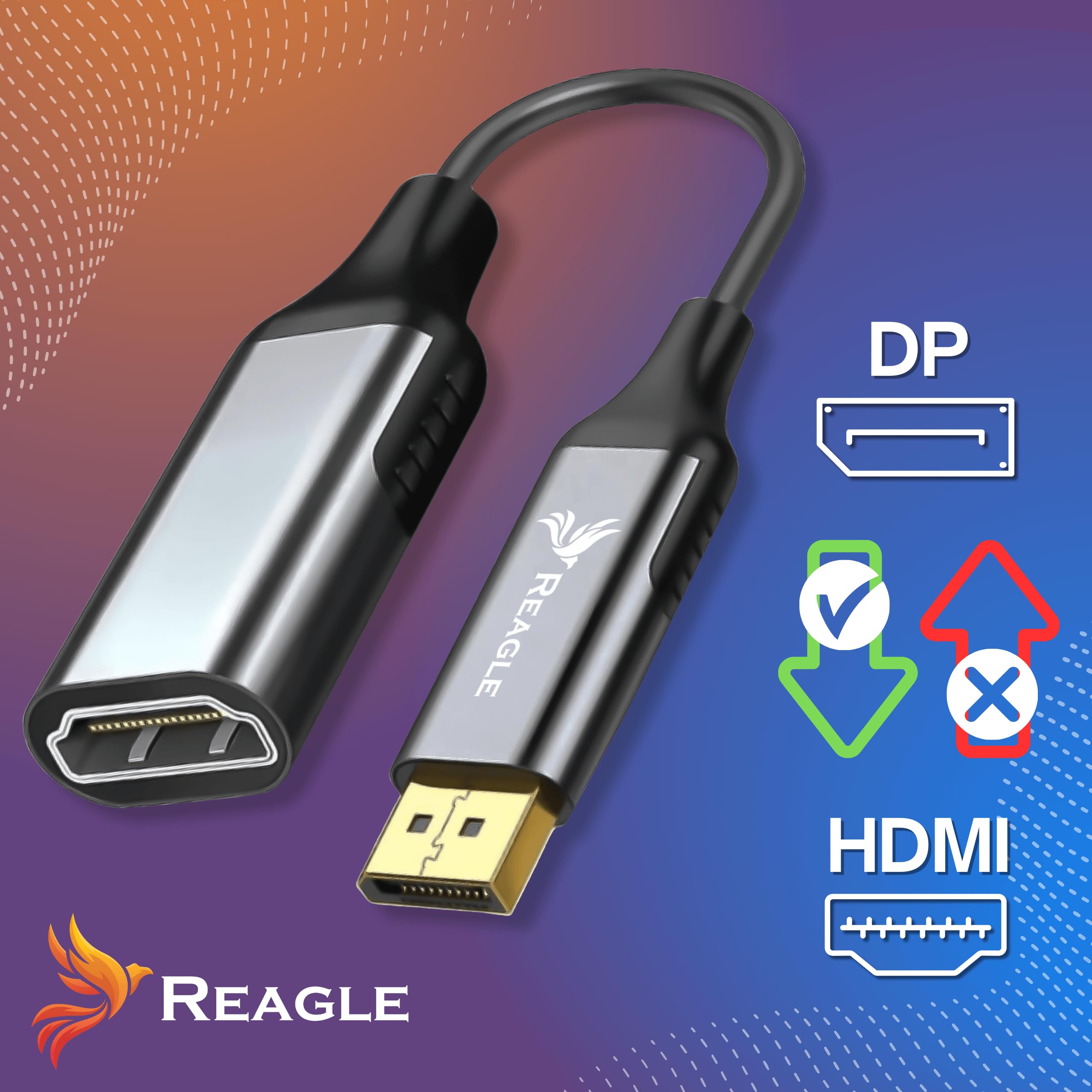 Reagle Adapter DisplayPort Do HDMI 2.0 4K 60Hz HDR – Kabel DP Do HDMI Full HD 240Hz, Adapter Monitor TV Projektor, Plug & Play, Pozłacane Złącza