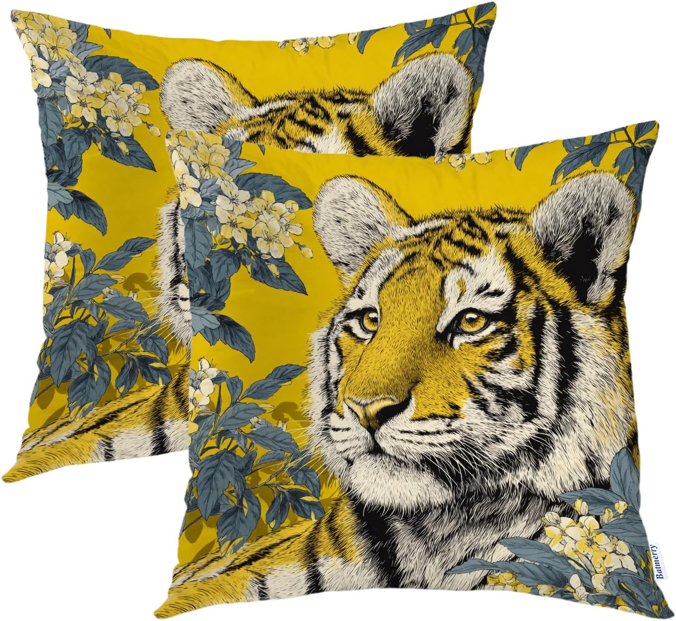 Batmerry Cute Tiger in Yellow Throw Pillow Covers, Tiger Yellow Flowers Decorative Pillow Covers Digital Printing Blended Fabric for Couch Sofa Bed Invisible Zipper 20X20 in(Set of 2)