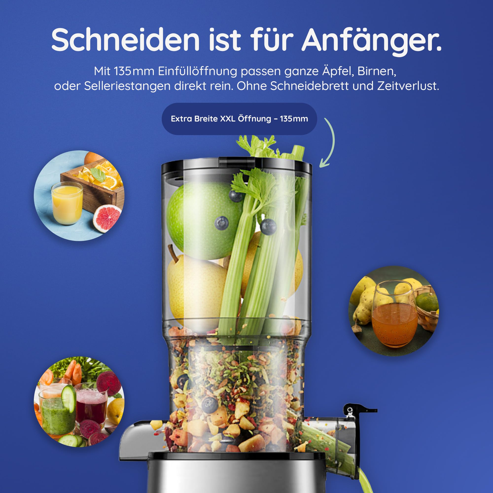 Safecourt Entsafter Gemüse und Obst - Slow Juicer [XXL Einfüllschacht für Ganzes Obst und Gemüse] Saftpresse elektrisch [mit 90% Saftergebnis] - Obstpresse [mit 1.5 Liter Fassungsvermögen] - Silber