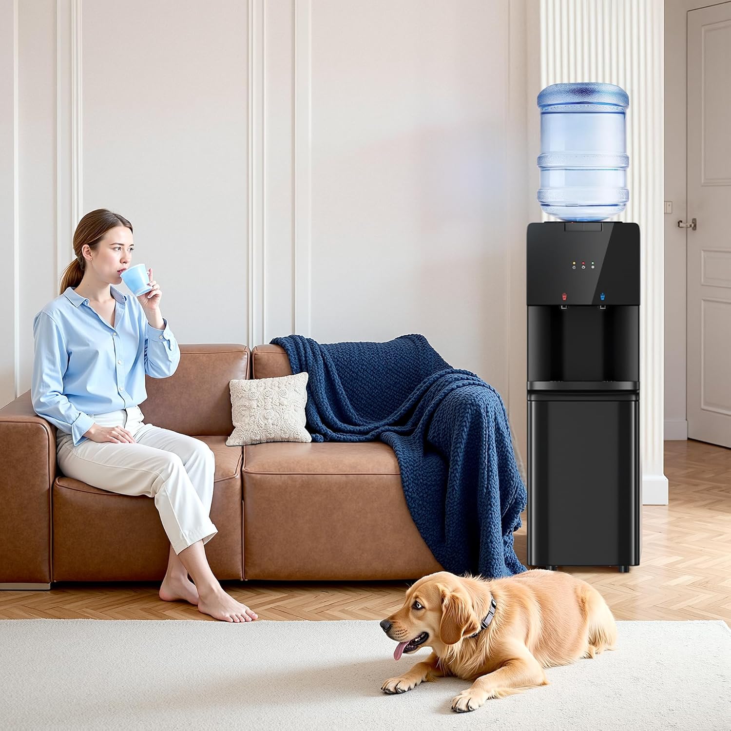Manastin Water Dispenser with Hot & Cold Water, Top Loading Water Cooler for 3 or 5 Gallon Bottles with Child Safety Lock, Ideal for Kitchens, Offices,Veneer Black