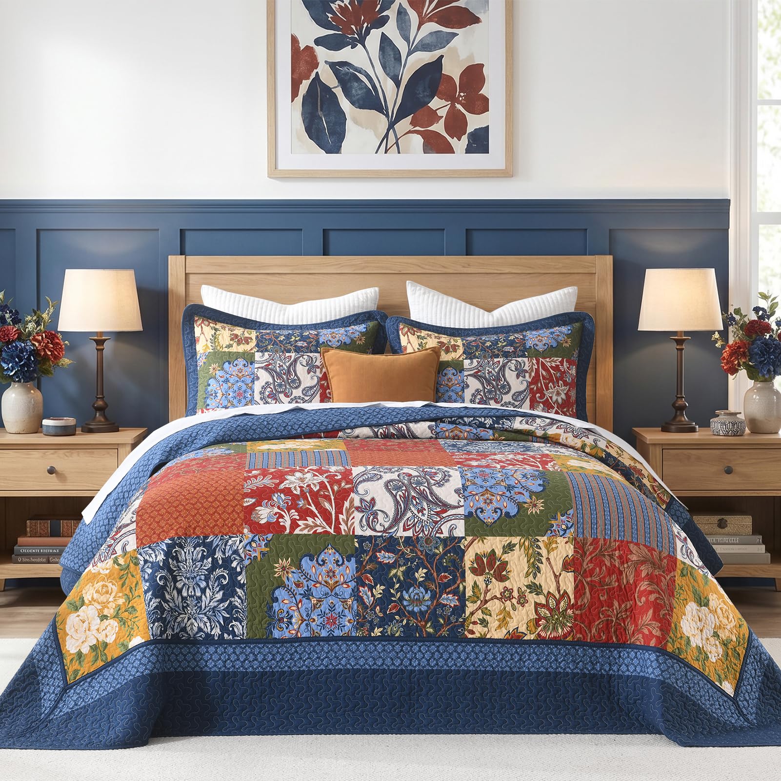 QuiltMuse 100% Cotton Oversized Queen Bedspread 102"x120", Vintage Farmhouse Quilt with 2 Pillow Shams, 3-Piece Floral Patchwork Print Extra Wide Quilted Coverlet for High Bed, Blue/Yellow/Red/Green