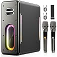 Karaoke Machine with Two Wireless Microphones, Powerful Portable Bluetooth Speaker for Adults & Kids, PA System with 2 Voice Mode, LED Lights, Supports BT/TWS/AUX/USB/TF for Party (Black)