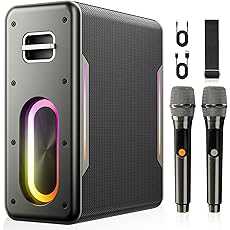 Karaoke Machine with Two Wireless Microphones, Powerful Portable Bluetooth Speaker for Adults & Kids, PA System with 2 Voice Mode, LED Lights, Supports BT/TWS/AUX/USB/TF for Party (Black)