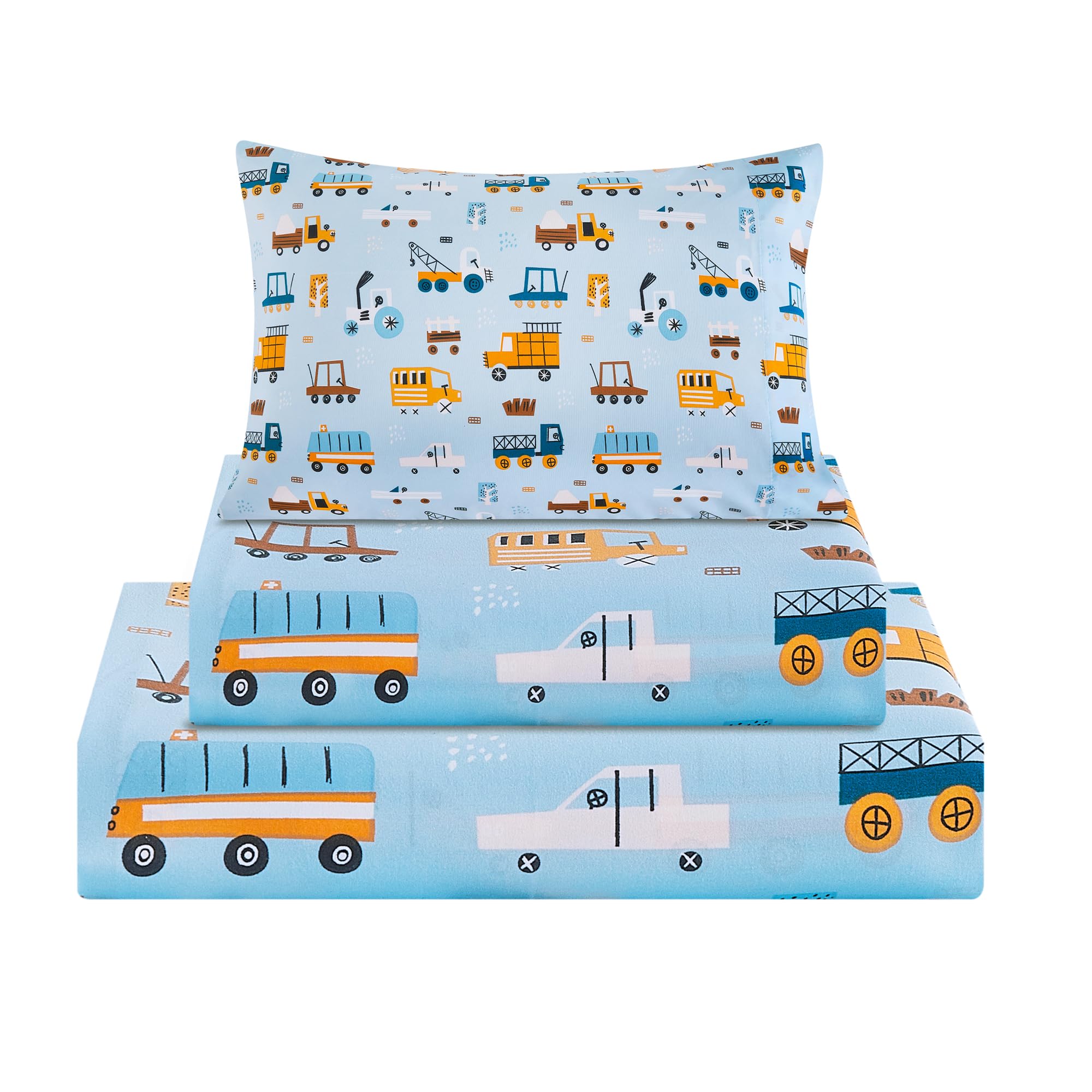 Viviland 3 Pieces Boys Blue Truck Twin Sheet Set - Soft Microfiber Fitted Flat Sheets &amp; Pillowcase - Construction Truck Bedding Sets - for Kids &amp; Toddlers