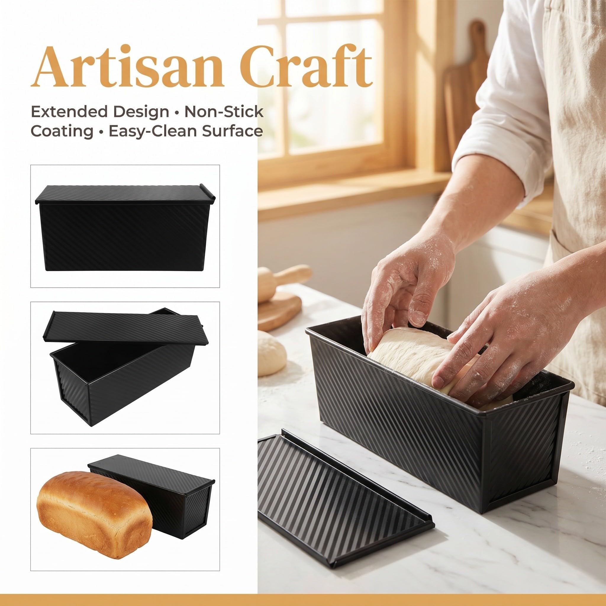 Moule à Toast Rectangulaire avec Couvercle, Acier au Carbone, Noir