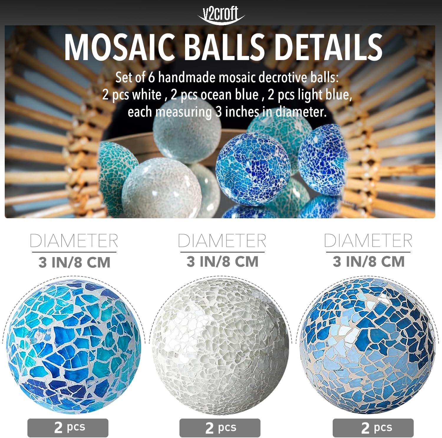 3 in Decorative Orbs Glass Balls Set of 6,Mosaic Sphere Globe for Whole Housewares,Wedding/Birthday,Bowls,Vases Dining Table Centerpieces (White,Bright Blue,Ocean Blue)