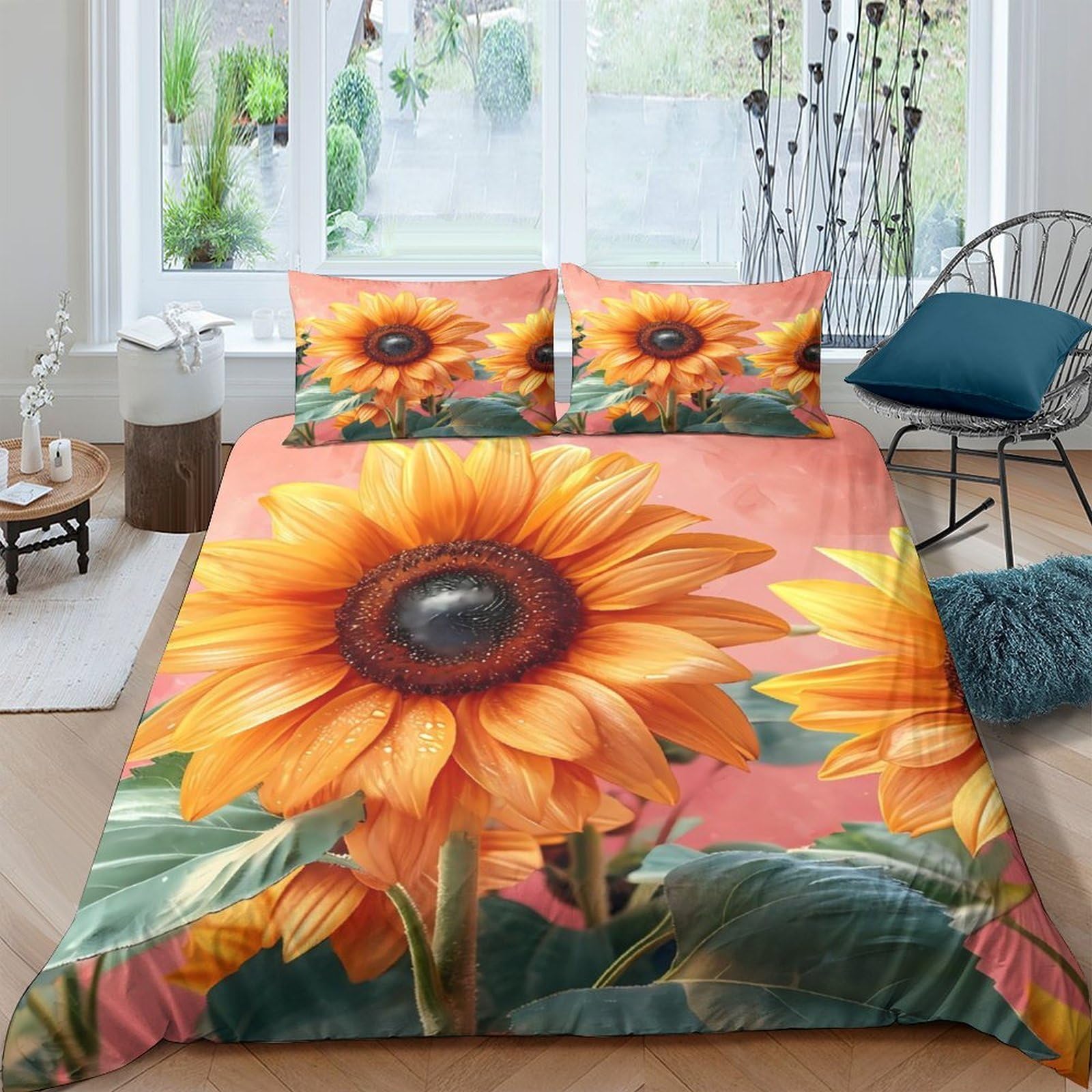 Ctjqhvkz Style-4 3D Printed Sunflower Bloom Fitted Sheet Microfiber Soft Orange Yellow Floral Mattress Cover For Bedroom Guest Room Decor Single（135X200cm）
