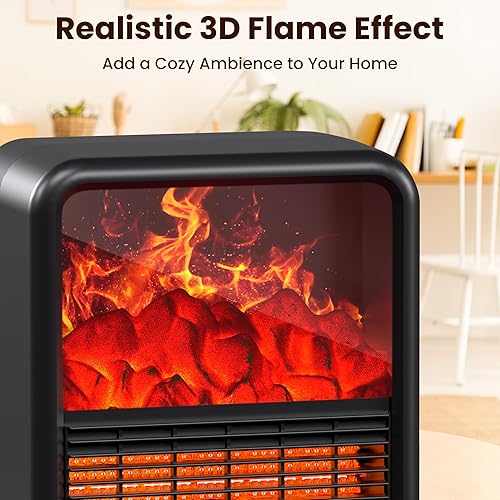 Miniatura 5 de Small Fireplace heater for Indoor use with Realistic 3D Flame, Space Heater with Thermostat, 1500W/750W PTC Ceramic Heating, Tip-Over Safety Switch,