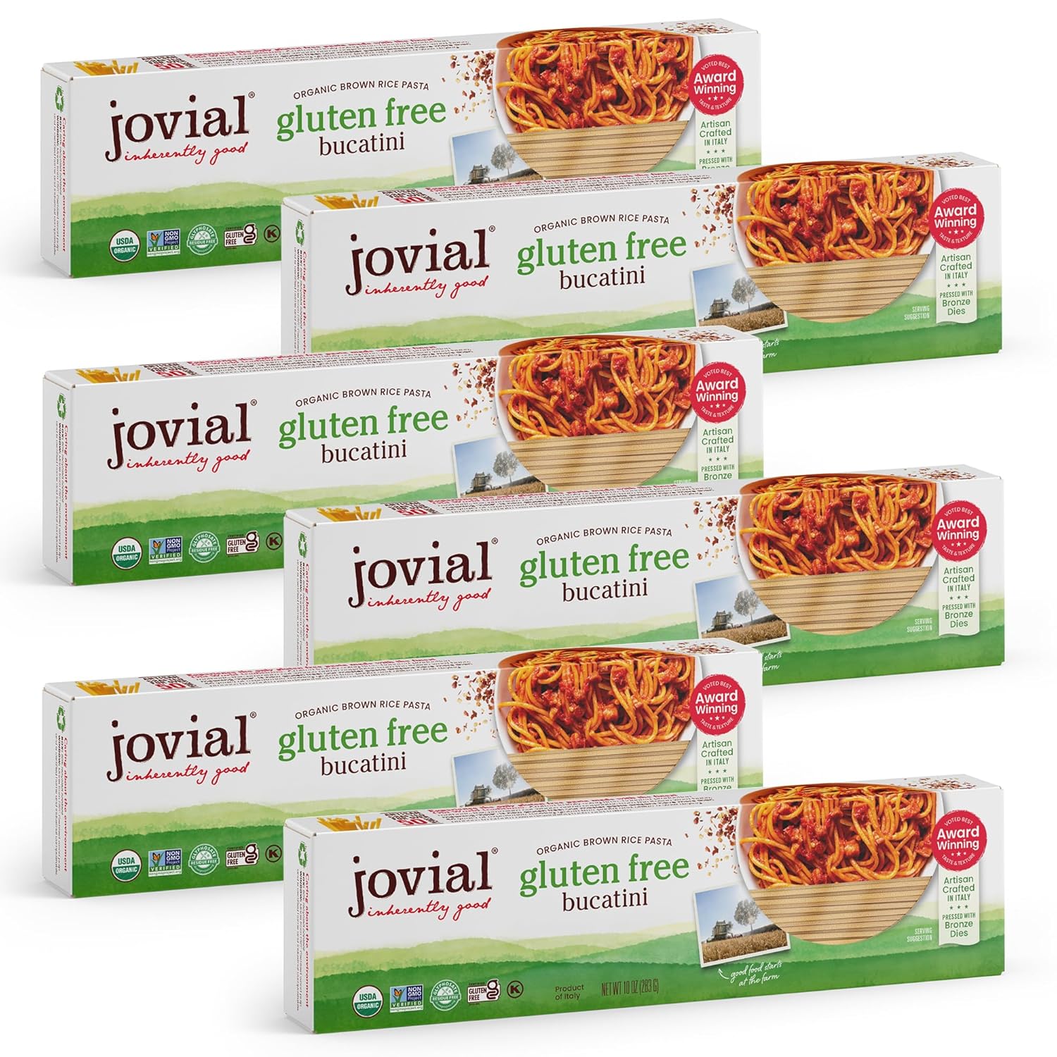 Jovial Organic Brown Rice Bucatini Pasta - Gluten Free Whole Grain Bucatini, Dairy Free, Made with 2 Ingredients, Non GMO, Artisan Crafted in Italy - 10 Oz (6 Pack)