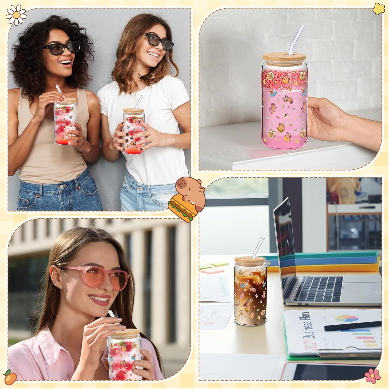 Zhehao 3 Pcs Capybara Gifts with 16 oz Glass Cup with Bamboo Lid and Straw, Keychain, Transparent Gift Bag, Capybara Stuff for Women Girls Ladies Exchange Birthday Party Gifts - Image 6