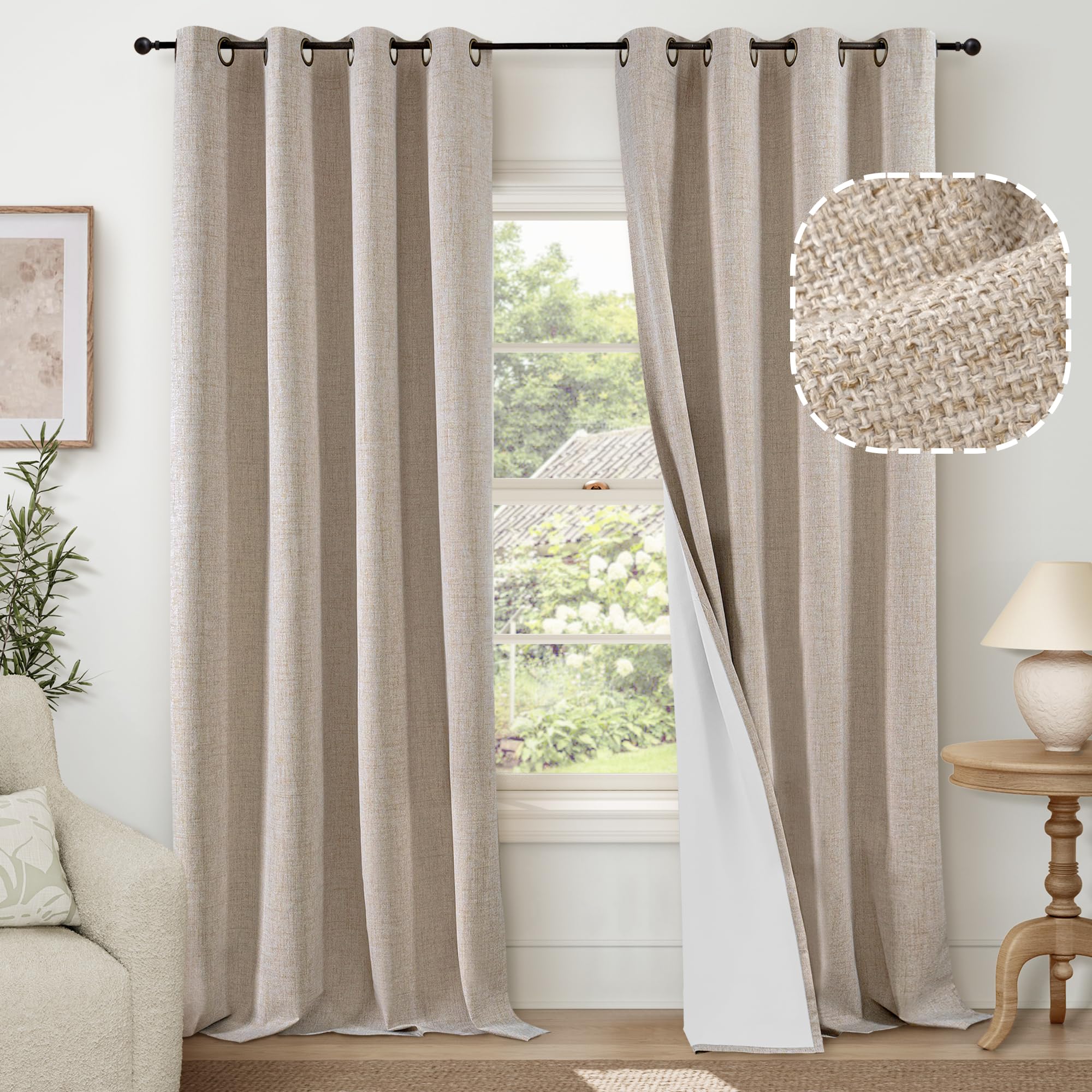 Beige 100% Blackout Curtains for Living Room 84 Inch Length 2 Panels Set, Thermal Insulated Light Blocking Faux Linen Curtains for Bedroom, Bronze Grommet Boho Window Drape Each 52" Wide