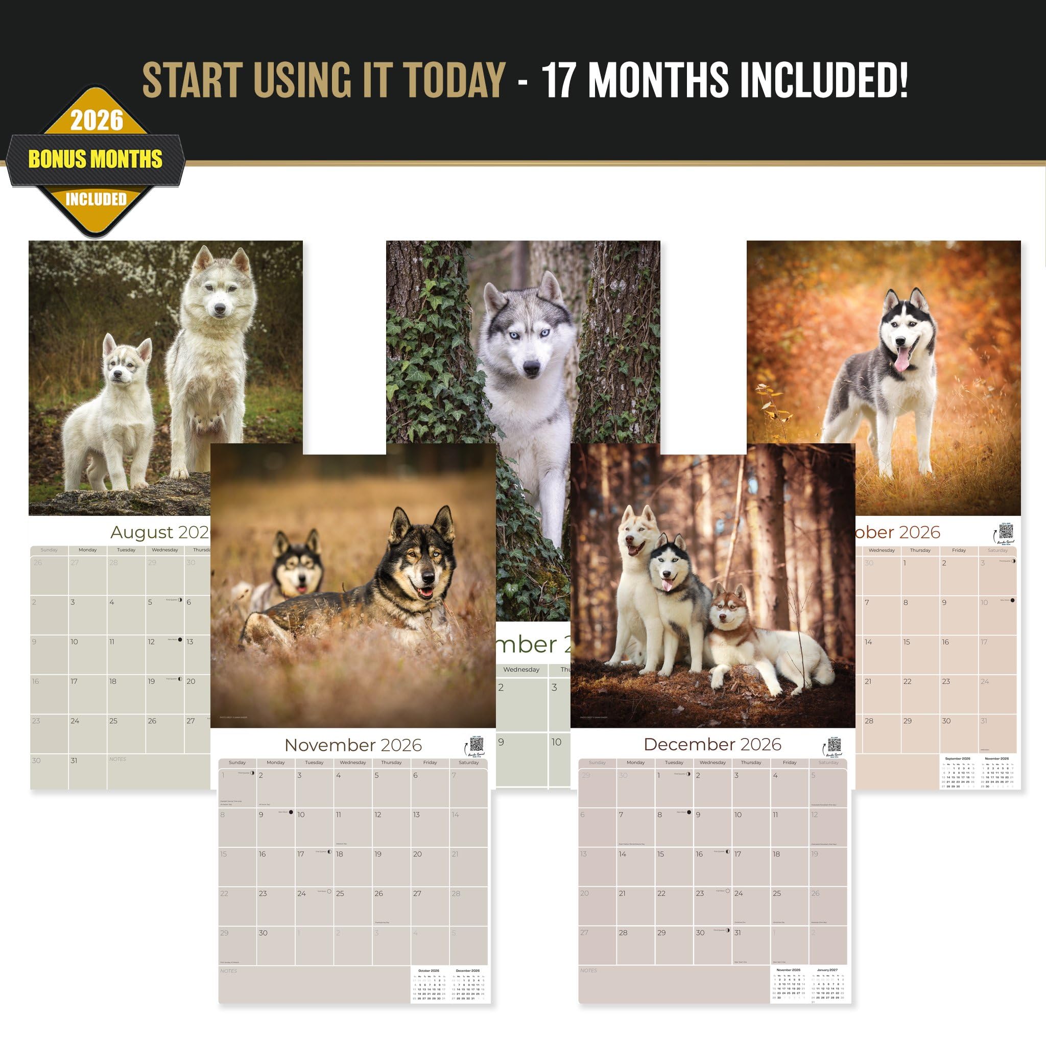 Kalendarz 2025 2026 husky syberyjski - miesięczny kalendarz ścienny rasy psów - 30 cm x 61 cm otwarty - gruby papier bez przebarwień - prezent - akademicki planer nauczyciela kalendarz organizowanie i