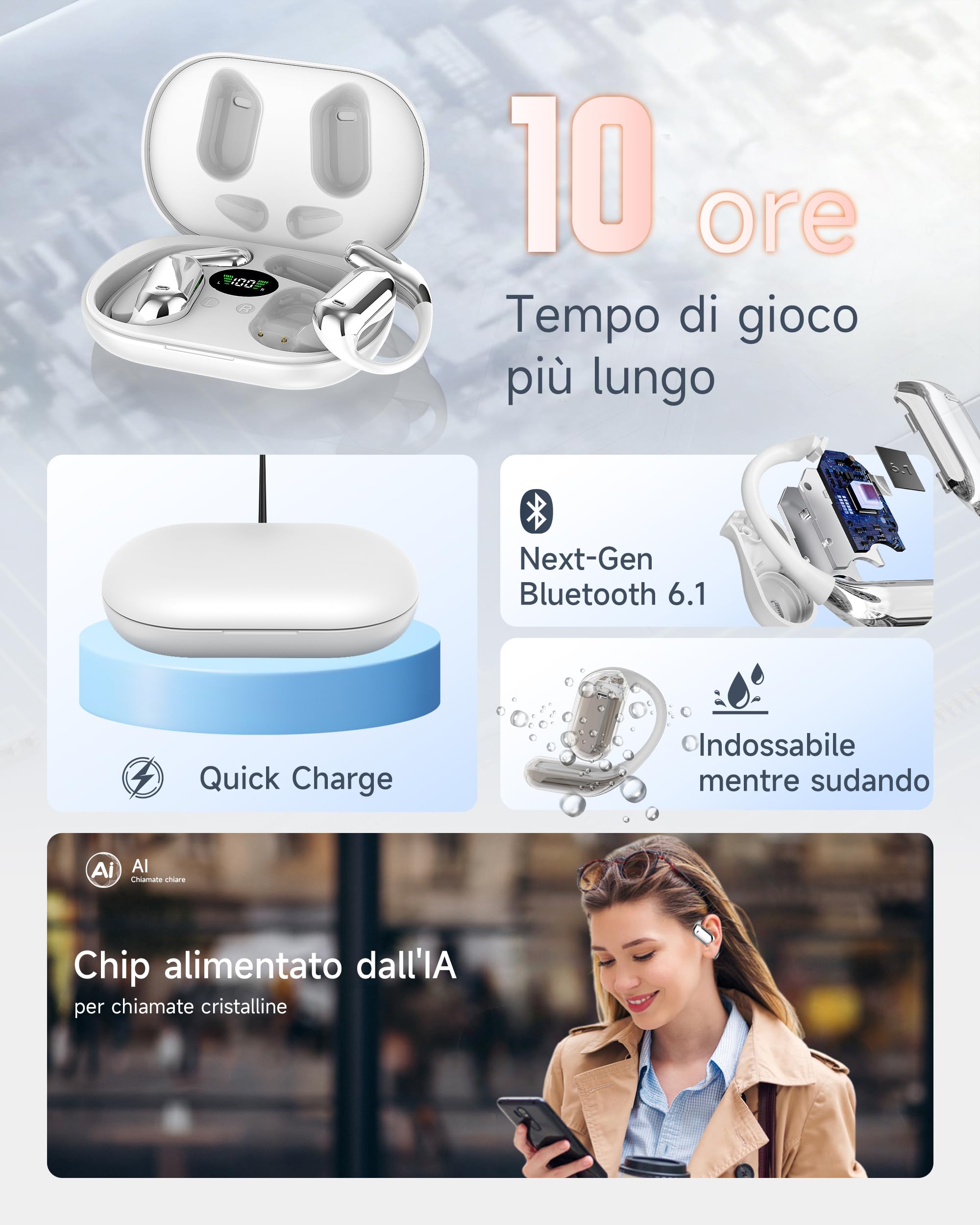 Cuffie Bluetooth Auricolari Bluetooth 5.4, Sport Cuffiette Wireless, Cuffie Open Ear 48 Ore di Riproduzione, Cuffie Senza Filo HiFi Stereo IP7 Impermeabili, Auricolare per iOS & Android, Bianco Avorio