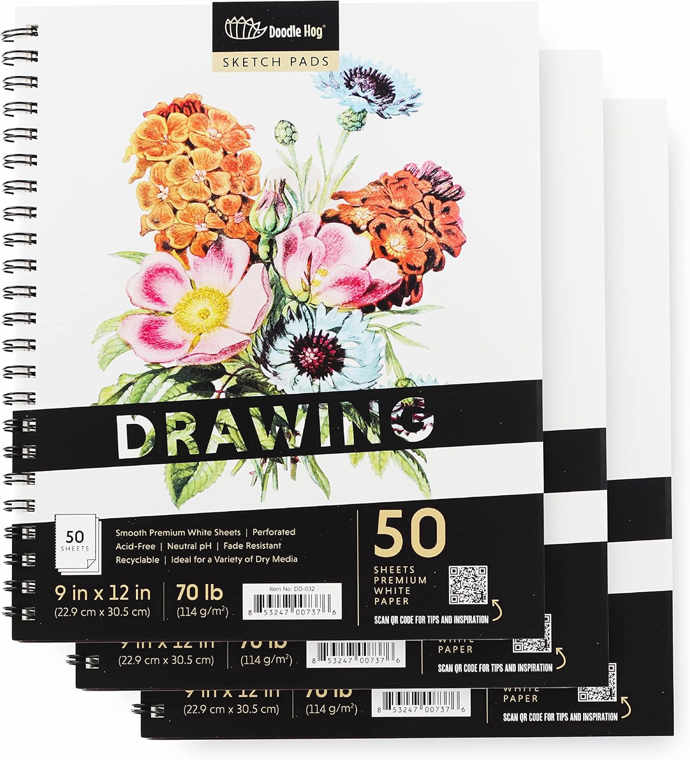 3PK Drawing Pads - 9"x12" White, Perforated, 70lb / 114gsm Sketch Pad - Includes 50 Sheets/Pad; 100 Sheets Total, Ideal for a Variety of Dry Media - Drawing Paper for Artists, Students & Kids