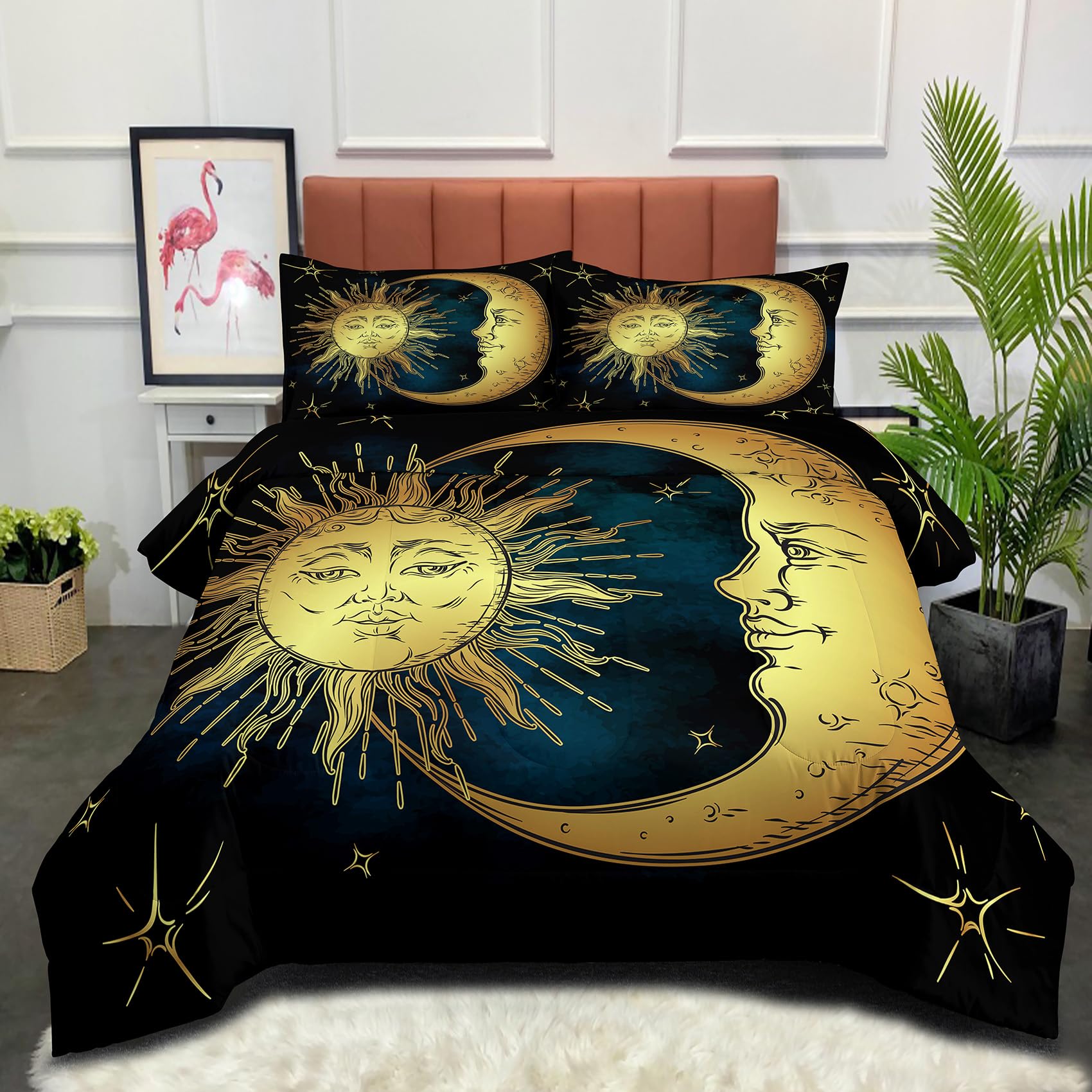 Peopleareok Black Sun and Moon Bedding Set Queen Size for Girls Women Kids Boho Celestial Bedding Bohemian Occult Crescent Solar Stars Quilt Set