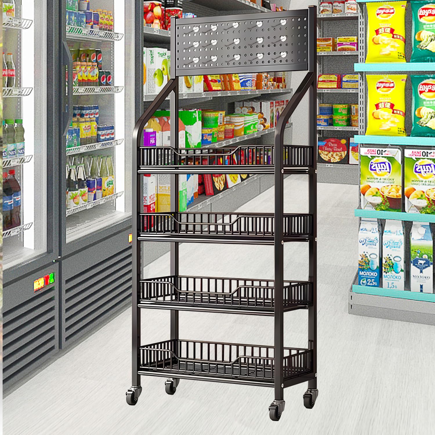 AYCDL Adjustable Retail Display with Hooks and Wheels for Easy Organization in Snack, Kitchen, and Supermarket Settings,Black-4 Tier