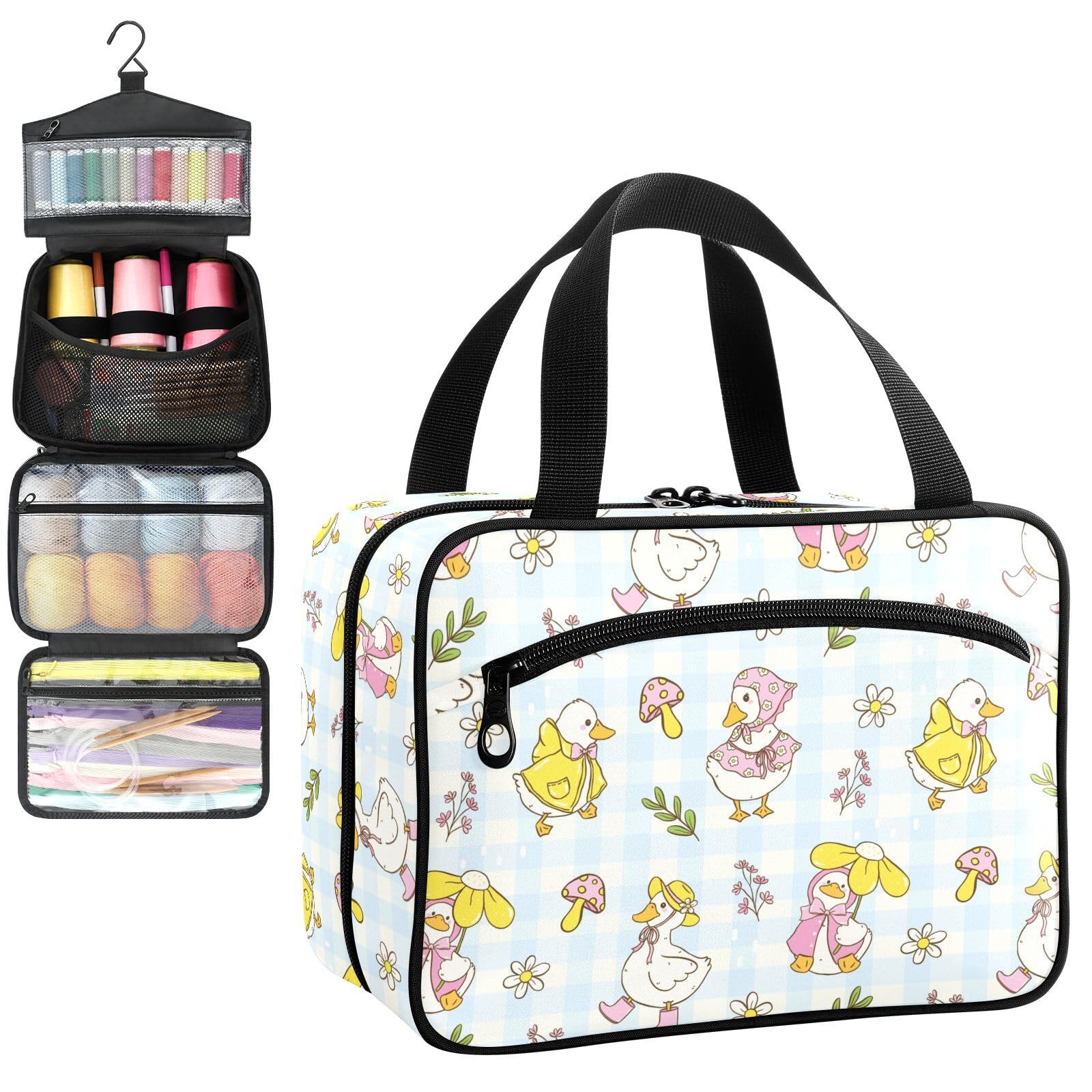 YNNALE Sewing Supply Organizer Bag, Blue and White Plaid Cute Duck Mushroom Portable Sewing Bags with Pockets&Hanger, Sewing Storage Box Case for Sew Supplies/Kit/Tools/Accessories (BAG ONLY)