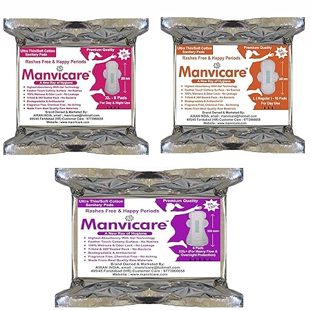 Manvicare Biodegradable Anion Cotton Sanitary Pads - 26 Napkins - 10 (L),8 (XL) & 8 (XXL+)