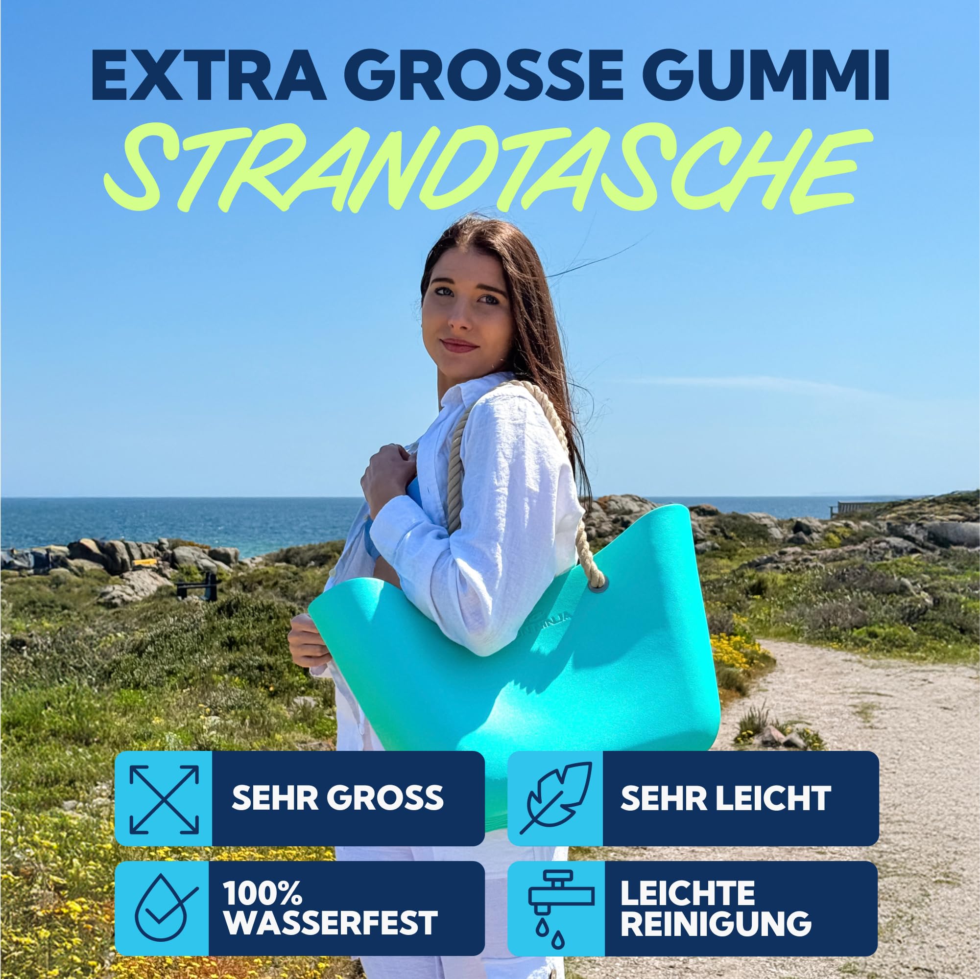 SUN NINJA Gummi-Strandtasche extra groß wasserdicht EVA-Tragetasche mit Seilgriffen