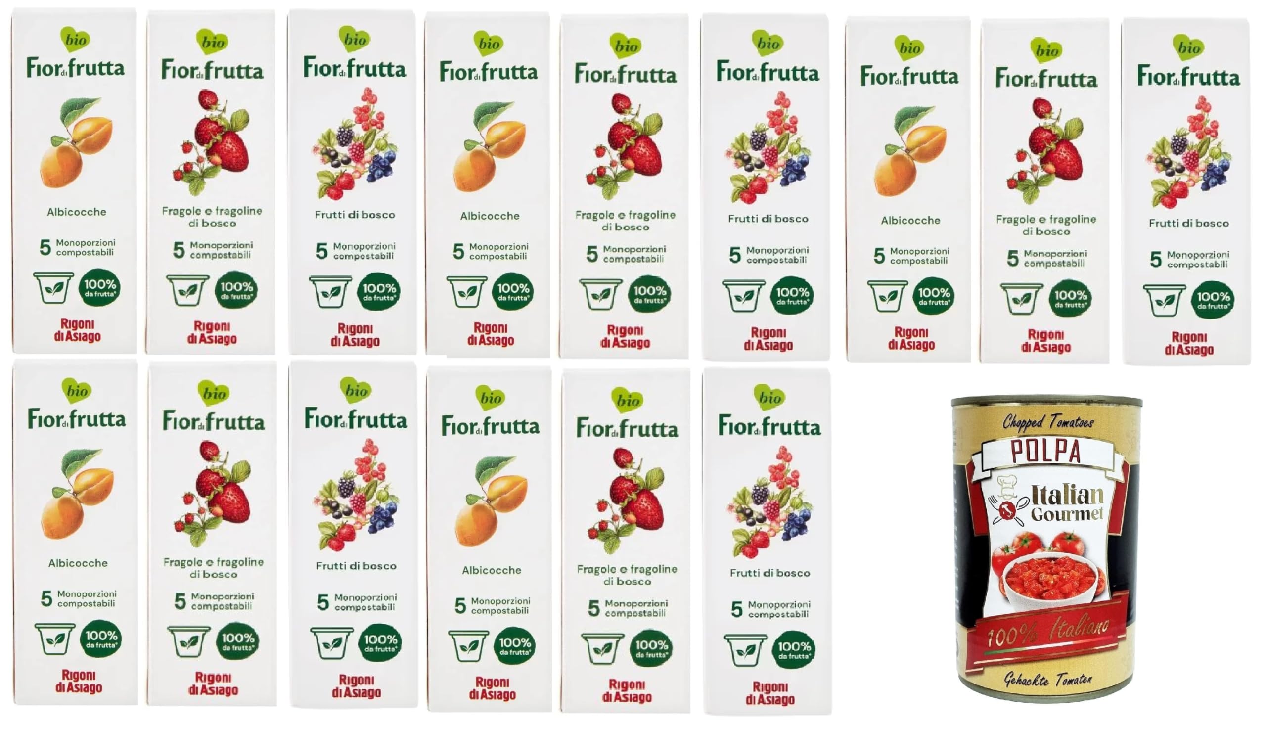 Rigoni di Asiago Fior di Frutta Confetura di Albicocche, Fragoline e Frutti di Bosco, confiture de fraises et de baies sauvages, 5 boîtes individuelles de 15 x 100 g + Italian Gourmet Polpa di
