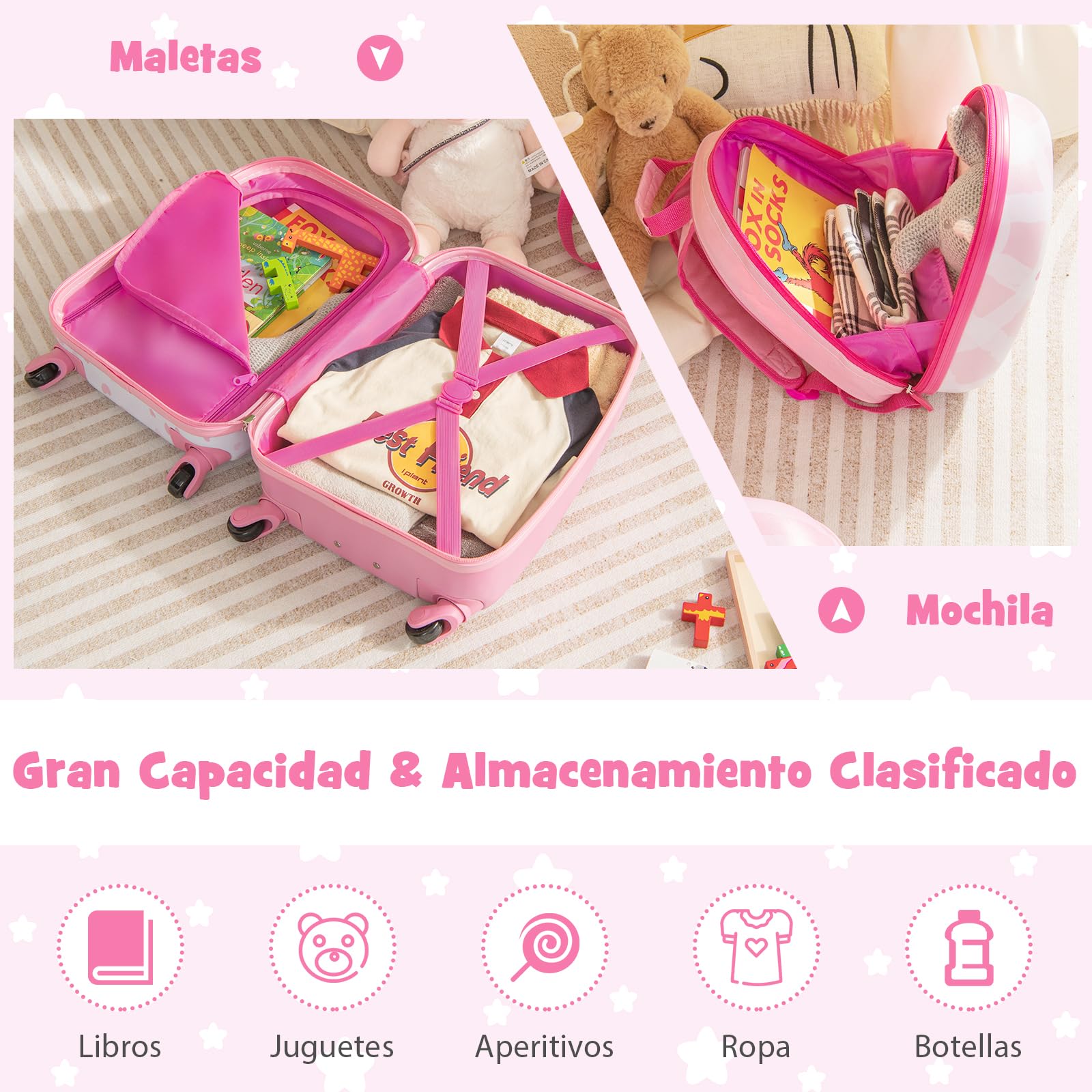 COSTWAY Maleta Infantil Niños, Equipaje de Viaje con Mochila, Equipaje Infantil con Ruedas Universales y Mango Ajustable, Juego de Mochila y Maleta Cabina Trolley (Patrón Unicornio)