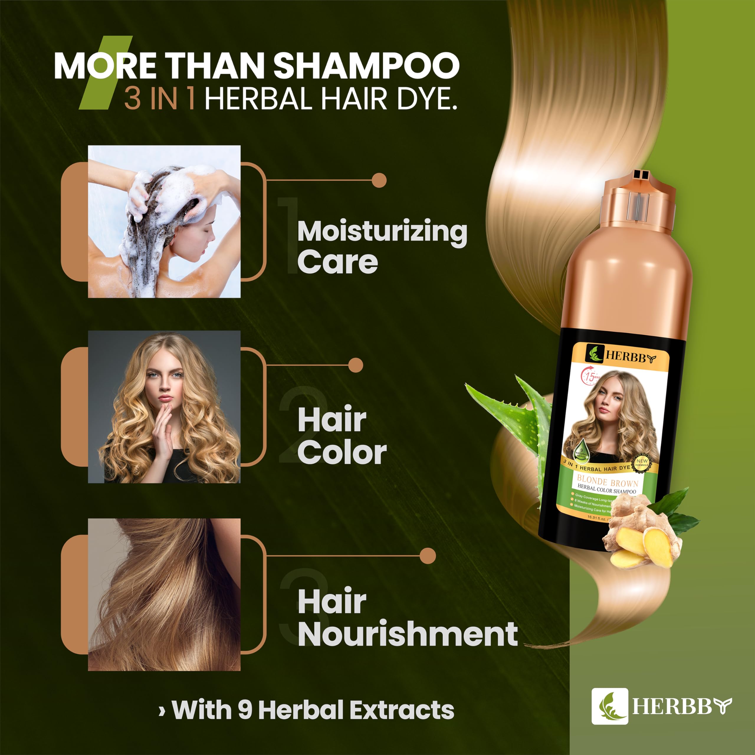 HERBBY Champ Hair Dye szampon do włosów siwych z 9 ekstraktami ziołowymi, długa żywotność (6-8 tygodni), jasny, jednolity kolor, natychmiastowy kolor