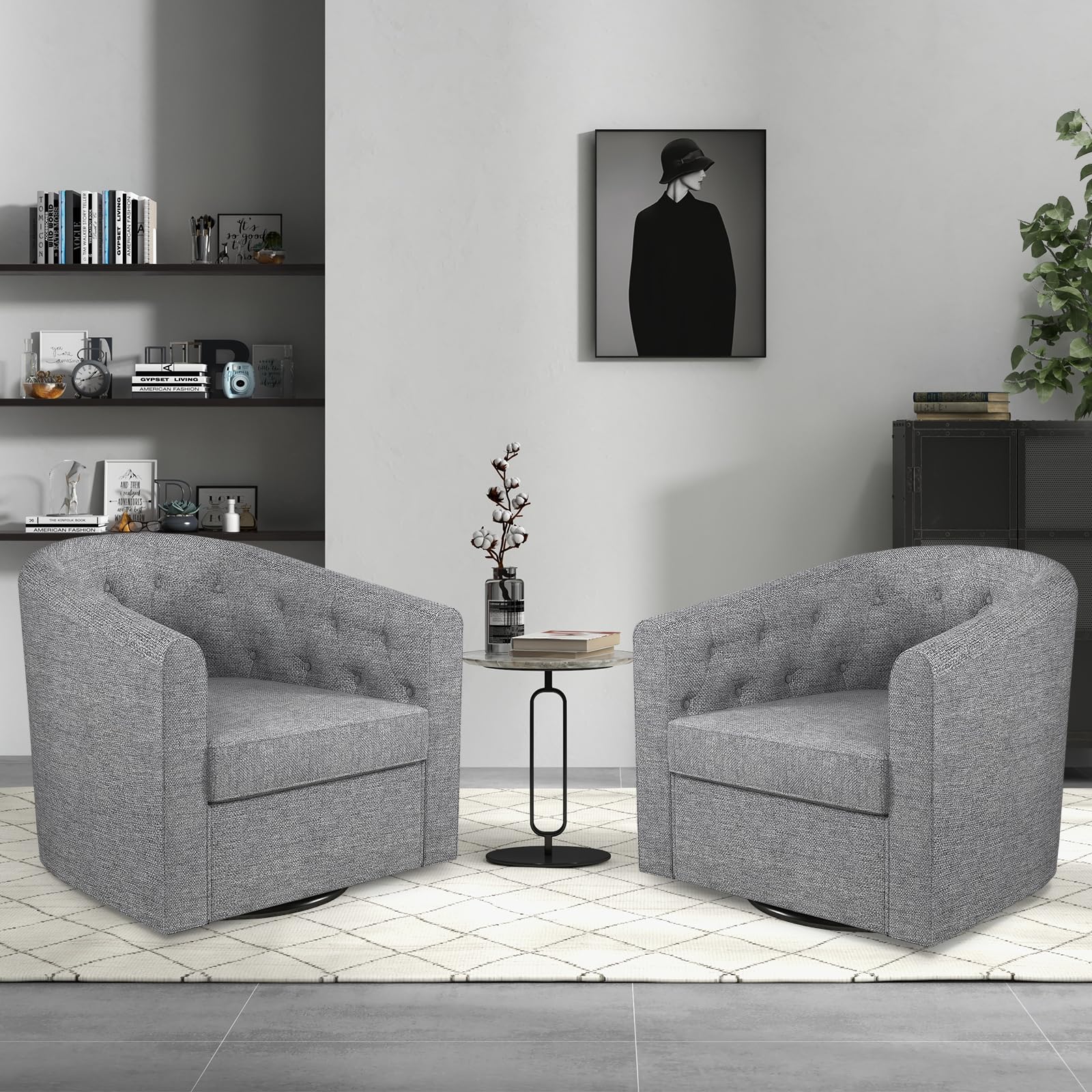 Bonzy Home Swivel Barrel Accent Chair Set of 2, Comfy Fabric Round Swivel Cuddle Chair for Nursery Living Room Bedroom Office, Light Gray
