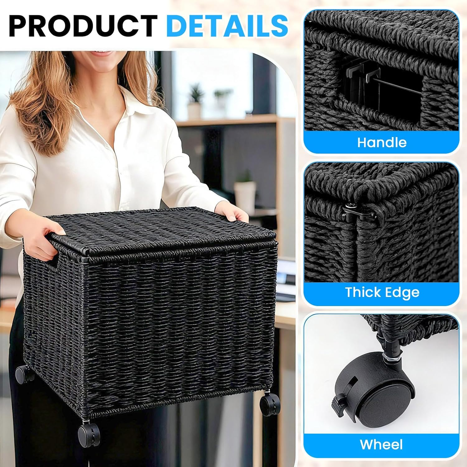 Cinnvoice Decorative Rolling File Cabinet 14 x 12 x 11.5 in Seagrass Wicker File Box Organizer for Letter & Legal Size Handwoven Hanging Filing Basket with Lid for Folder Home Office Decor Black