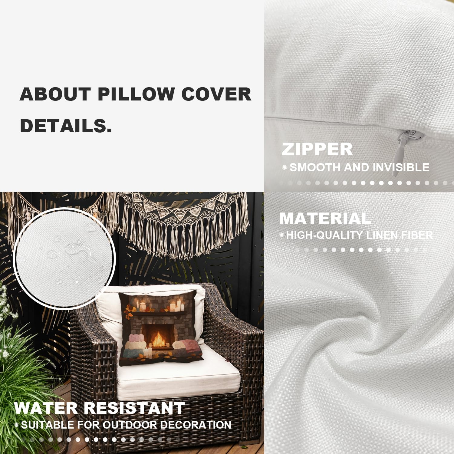 Shrahala Warm Comfort Outdoor Throw Pillow Cover, Cozy Fireplace Scene Square Indoor Pillows Water Resistant Linen for Bedroom Living Room Set of 2 (24 x 24 in)