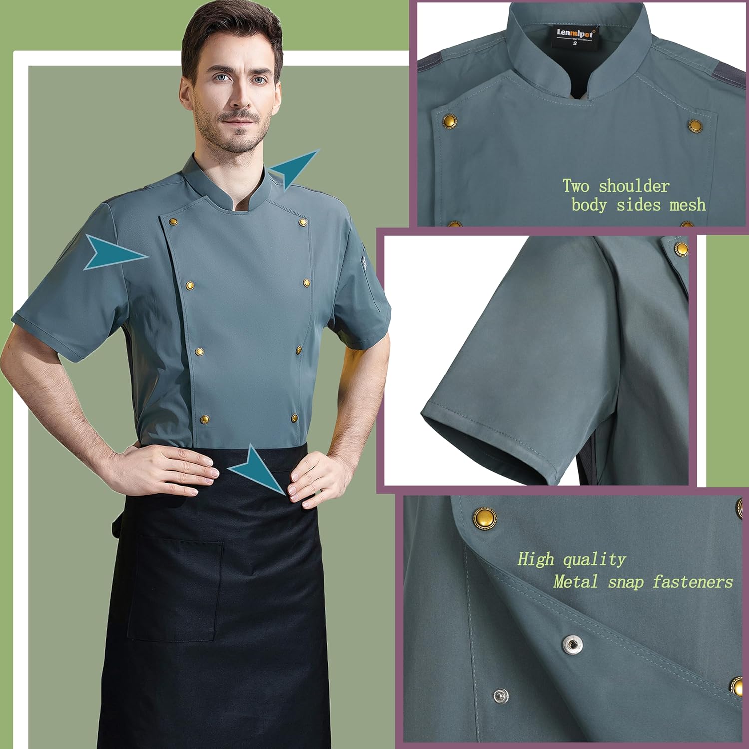 Unisex Chef Coat Metal Buckles Chef Jacket Double-breasted Short Sleeve Chef Shirt Convenient for Working Chef Uniform - Image 5