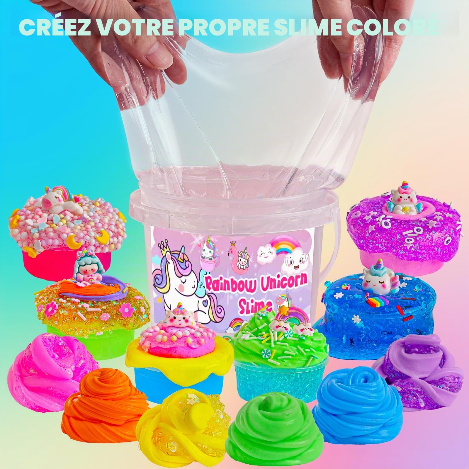 Kit de fabrication de slime transparent avec 36 compléments et base préfabriquée de 45 ml – Kit de fabrication de slime arc-en-ciel dans un seau pour enfants, cadeau pour filles et garçons âgés de 8 à