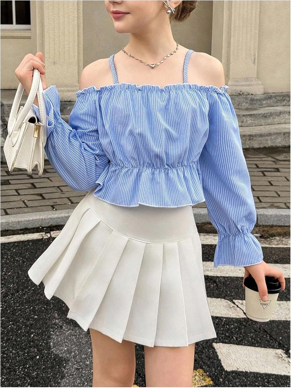 OYOANGLE Girl's Cold Shoulder Striped Shirts Bishop Long Sleeve Blouse Ruffle Peplum Crop Tops - Image 5