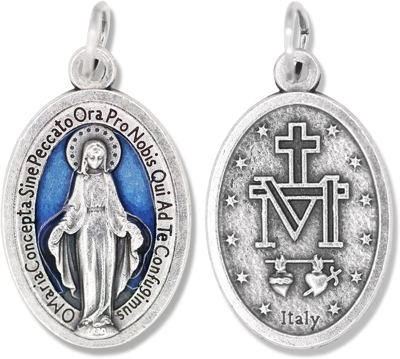 Bulk Pack of 5 - Miraculous Medal Pendant for Charm Bracelet or Necklace - 1 Inch Silver Oxidized with Blue Enamel Accent Miraculous Medals for Jewelry Catholic Made in Italy, no gemstone