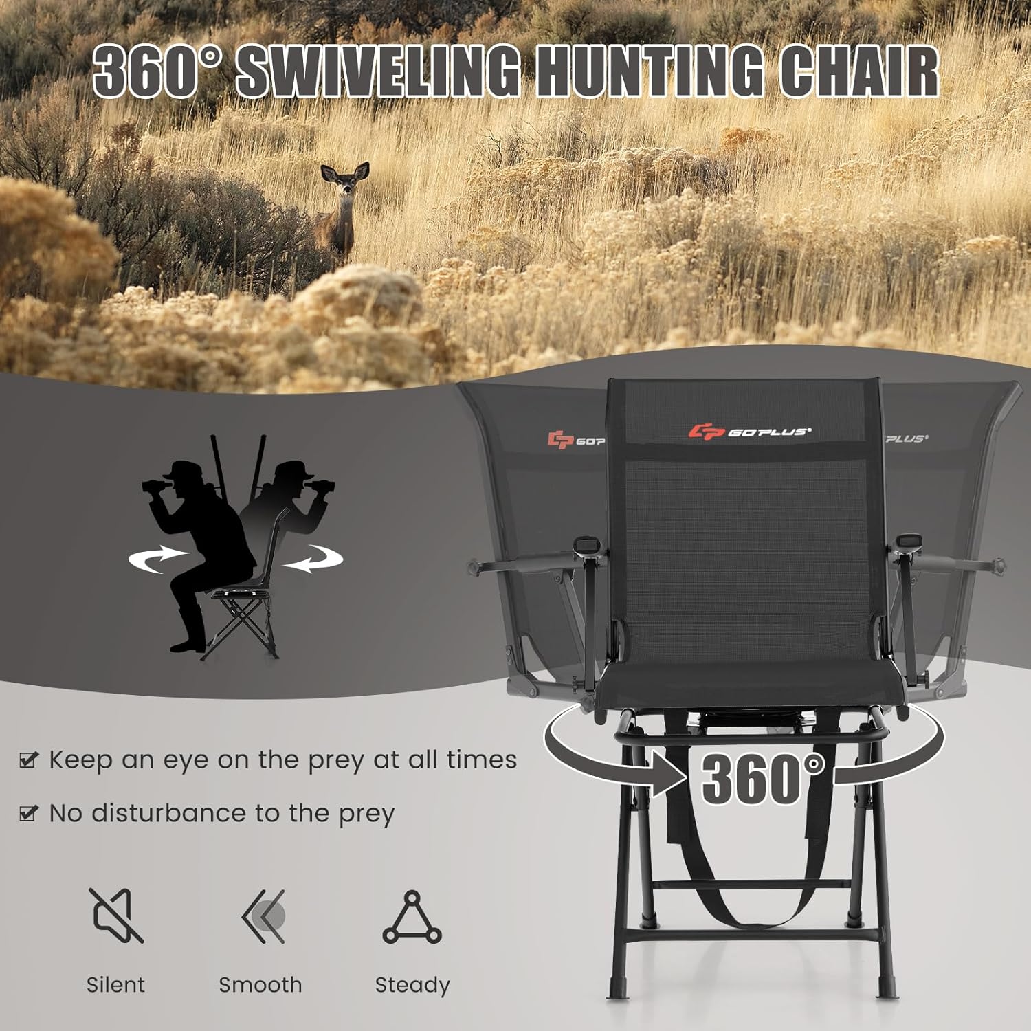 Goplus Hunting Chair, 360° Swivel Folding Hunting Blind Chair with Carrying Strap, 330LBS Capacity, Portable Deer Hunting Stool, Silent Ground Dove Hunting Chair, No Assembly