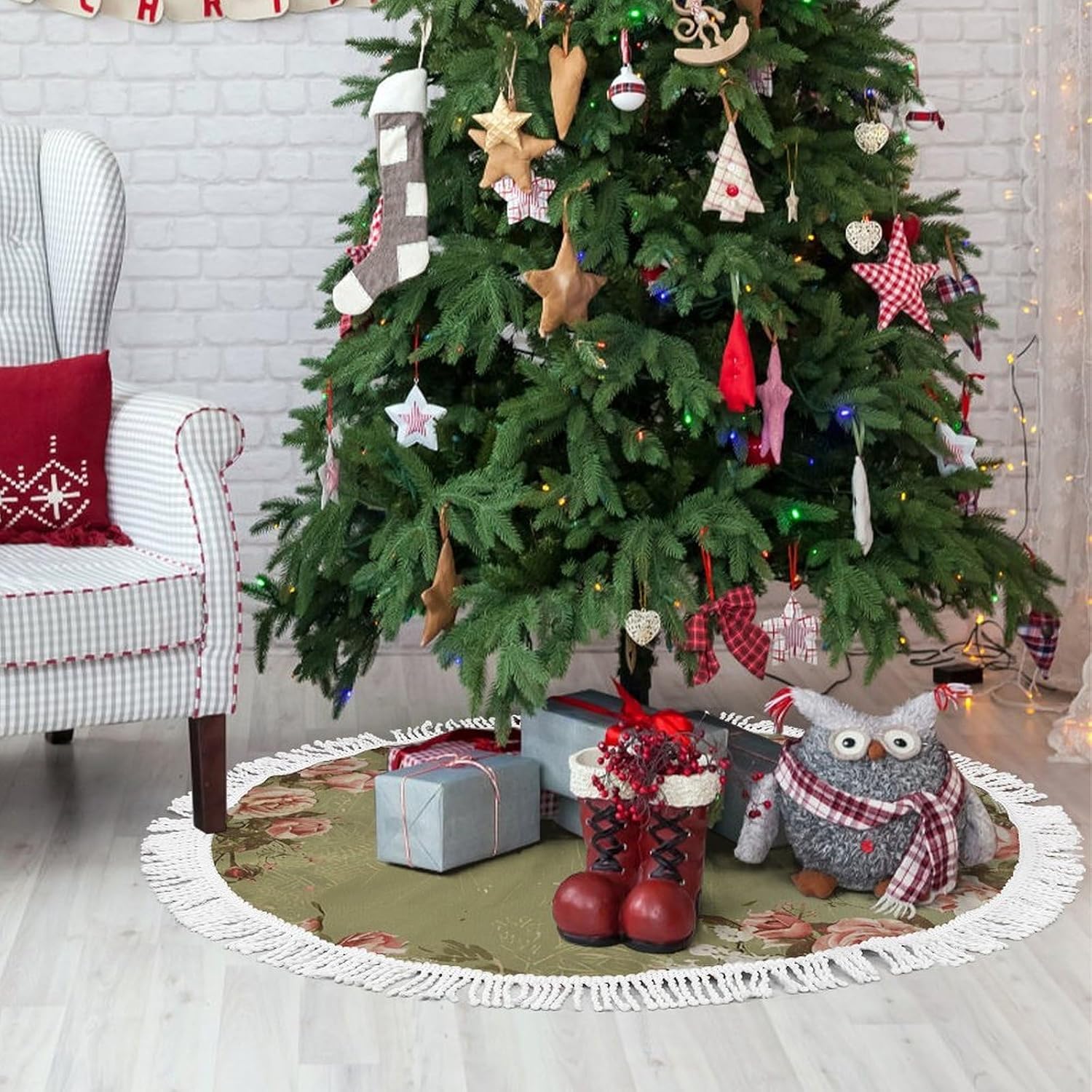 Christmas Tree Skirt Cute Xmas Trees Mat Skirts Personalization Christmas Round Tree Skirts for Holiday Party Decorative Supplies Vintage Scrapbook Rose