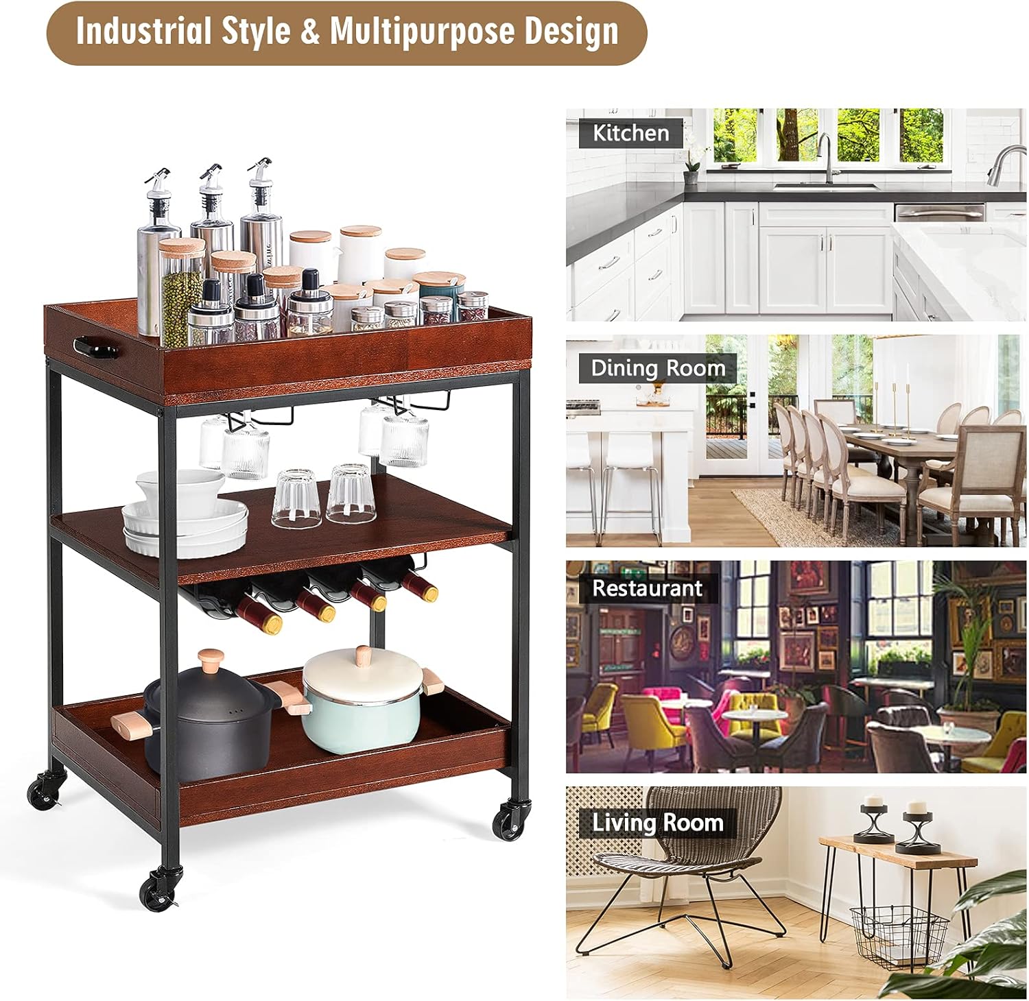 COSTWAY Kitchen Rolling Island Cart, 3-Tier Rolling Bar Serving Cart with Wine Rack & Glass Holders, Industrial Baker’s Rack on Wheels, Convenient Handle, Brown