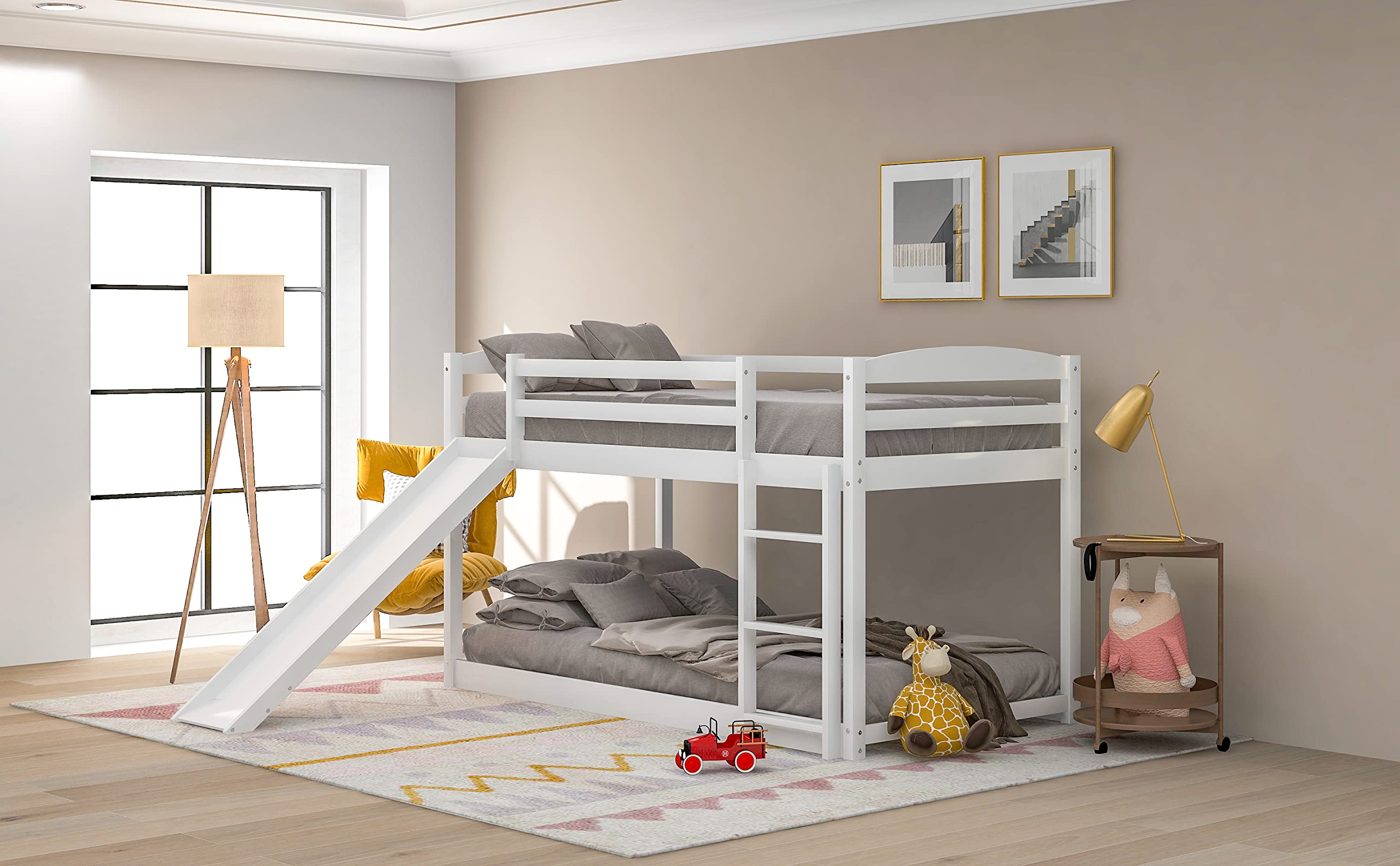 Max Lily Low Bunk Bed, TwinOverTwin Wood Bed Frame For Kids With