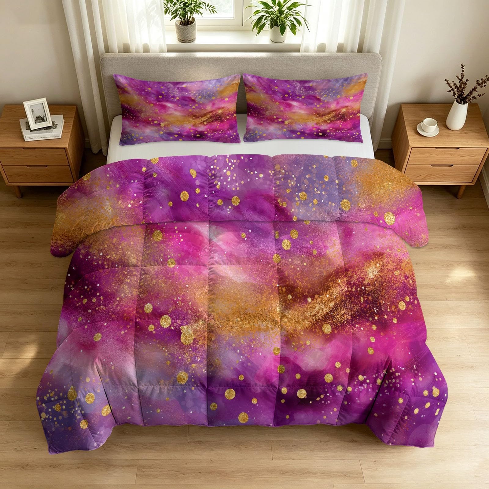 Generisch Traumhaft Mode - Piumino senza rivestimento, 135 x 200 cm, viola fluido con lamina dorata, ipoallergenico, per tutto l'anno, con 2 federe da 80 x 80 cm, reversibile, lavabile, 4 stagioni