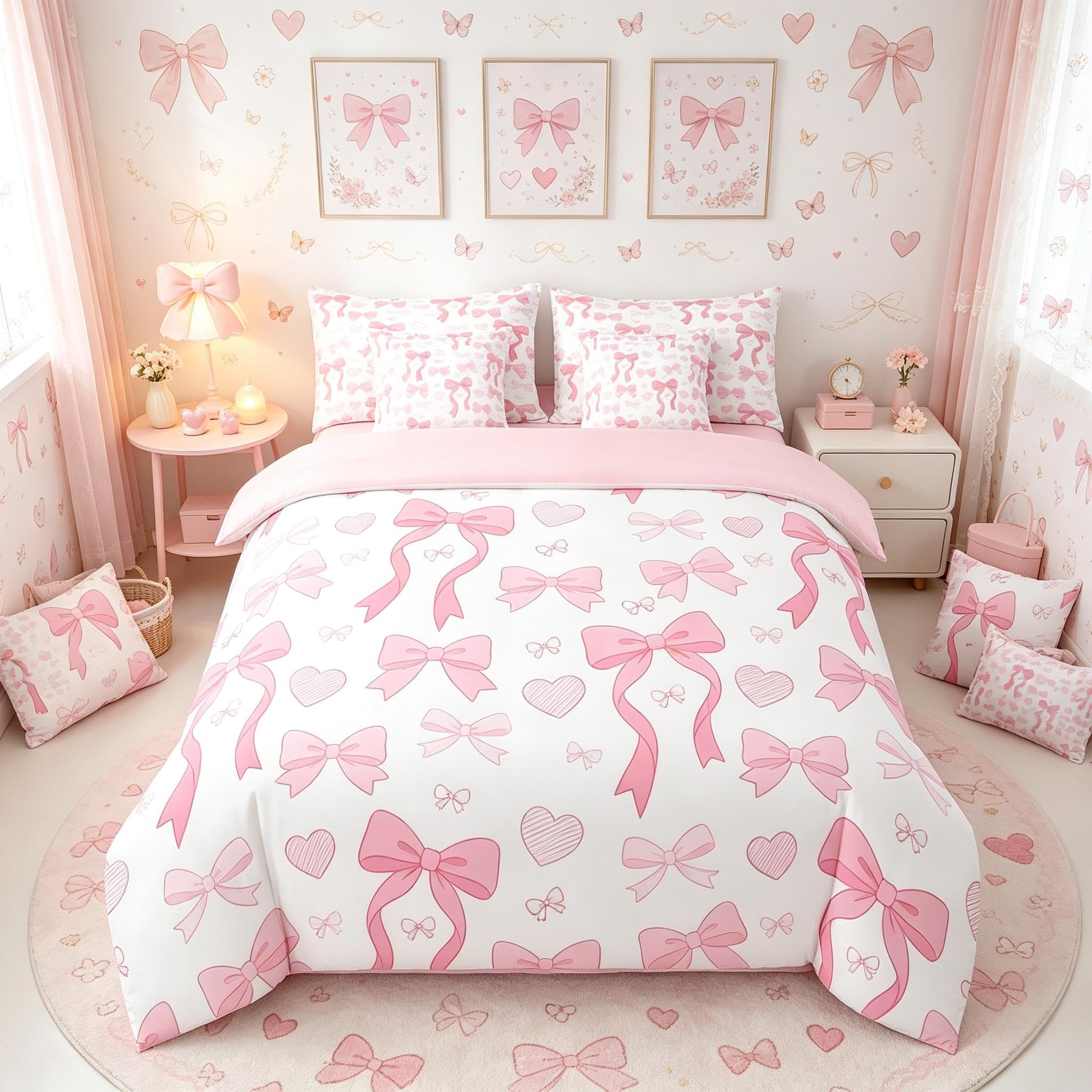 Homemissing Rosa Coquette Bow Lenzuola con arredamento letto camera da letto, carino Bowknot Letto Trapuntato bambini Bow Piumino Letto con lenzuola 7 pezzi 135x200cm Kawaii principessa microfibra