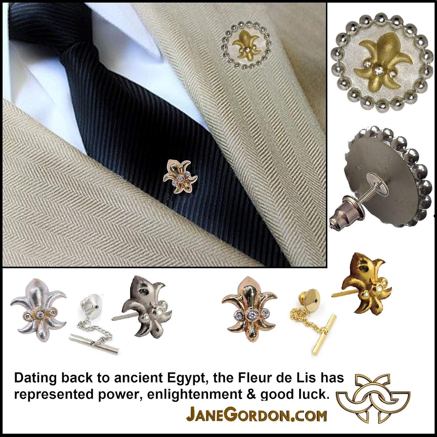 Fleur de Lis Lapel Pin or Tie Tac-Diamonds in 18K Gold, 14K, or Sterling Silver. Customization Available. Great Men's Gift. Unisex. Ancient Symbol for Power, Enlightenment & Good Luck. We need that!