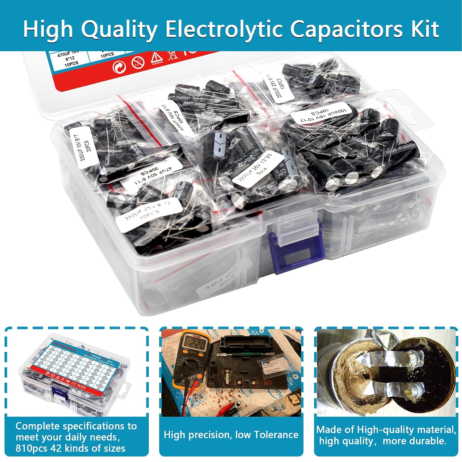 42 Values 810 Pieces, 0.1uF-2200uF, 10V 16V 25V 50V 100V, Electrolytic Capacitor Assortment Kit, DIY in-line Aluminum Capacitors Set, Direct Insertion Series