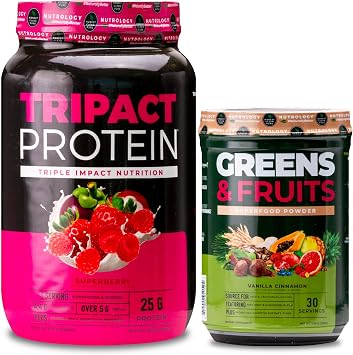 Nutrology TRIPACT Protein Powder, 7-in-1 Meal Replacement Shake, Superberry 40 Servings Greens & Fruits Powder-Naturally Sourced Superfood, Vanilla Cinnamon 30 Servings