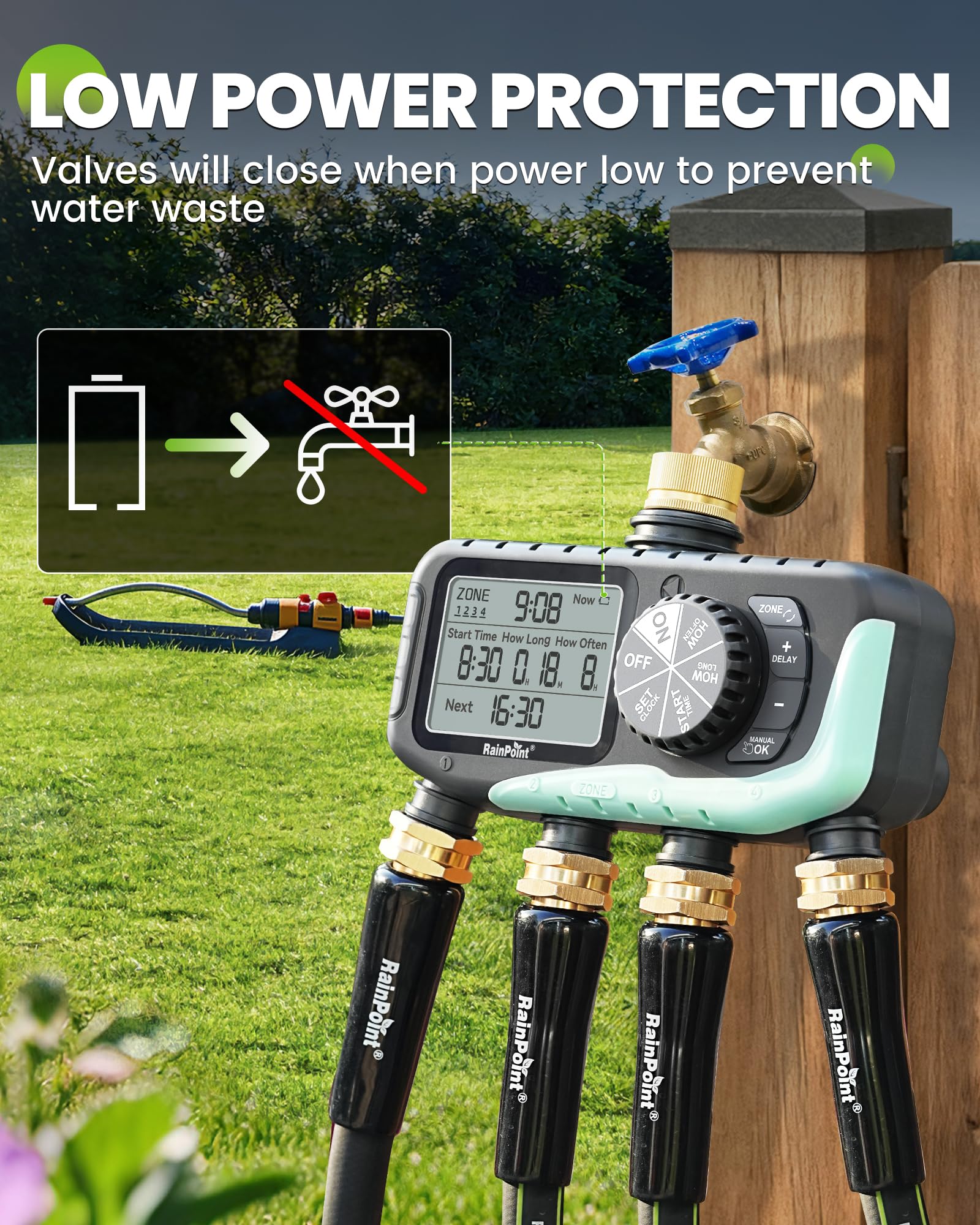 RAINPOINT Timer per irrigazione, 4 uscite, con ingresso in ottone con ritardo della pioggia/sistema di controllo manuale/automatico, digitale programmabile per prato, cortile, 4 zone