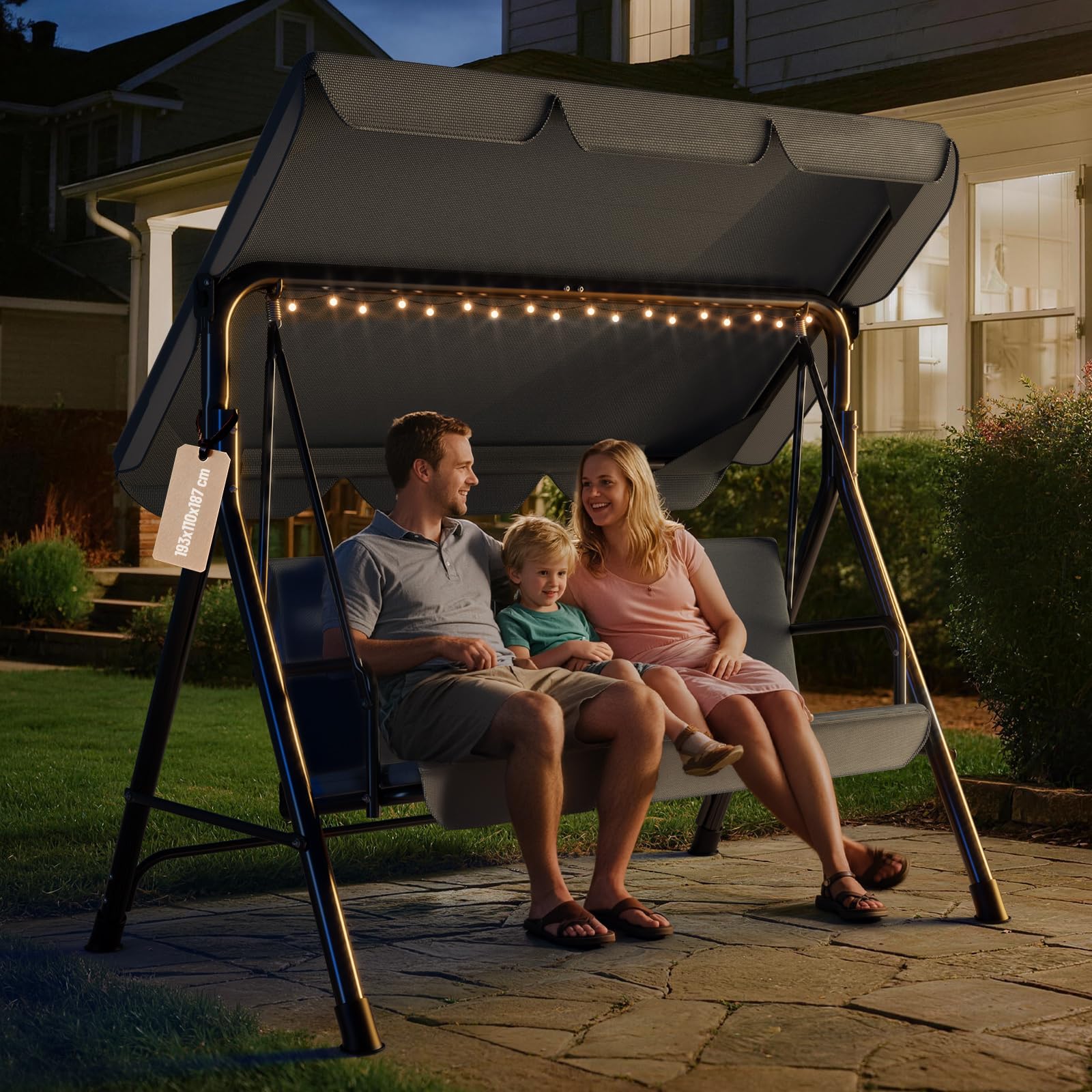 Verdego Hollywoodschaukel 3 Sitzer, Hollywoodschaukeln 193x110x152cm, Gartenschaukel mit Verstellbarem Dach, Anti Rutsch Füße, Einfache Montage, 200KG Belastbar, für Garten, Terrasse, Anthrazit