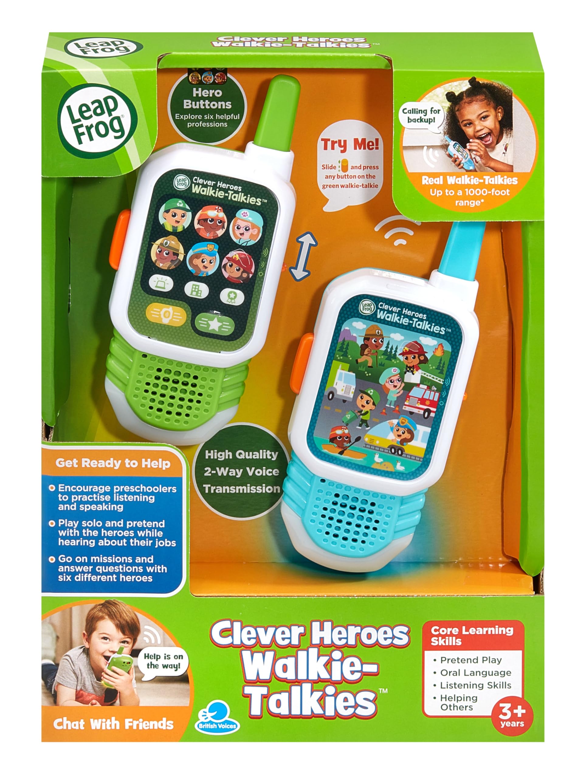 LeapFrog Clever Heroes Walkie-Talkies, Walkie Talkies For Kids, Interactive and Educational, Up To 1000ft Range, Light Up Features, Suitable For Children Aged 3, 4, 5+ Years, English Version