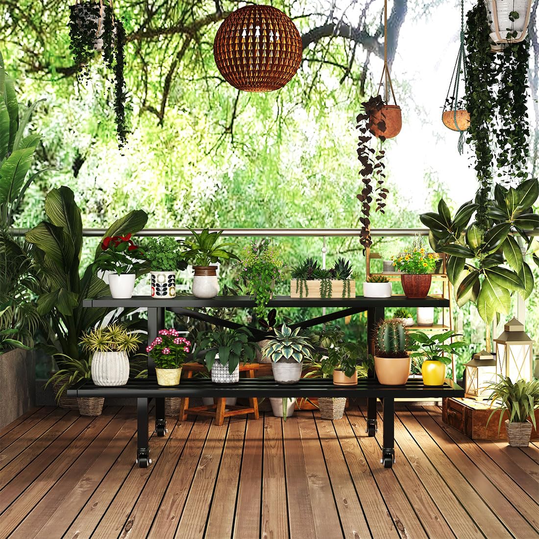Estantería para flores con ruedas, de metal, 2 estantes, color negro, para plantas de interior y exterior, balcón