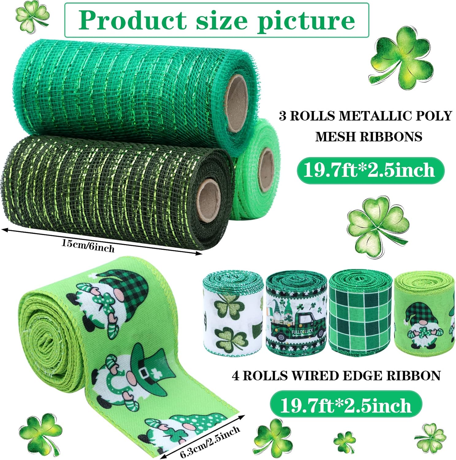 7 Rolls 43 Yards St. Patrick's Day Wired Edge Ribbons Buffalo Plaid Gingham Ribbon Metallic Poly Mesh Green Wrapping Ribbon Lucky Ribbon for Indoor Outdoor St. Patrick's Day Decoration Crafts Supplies