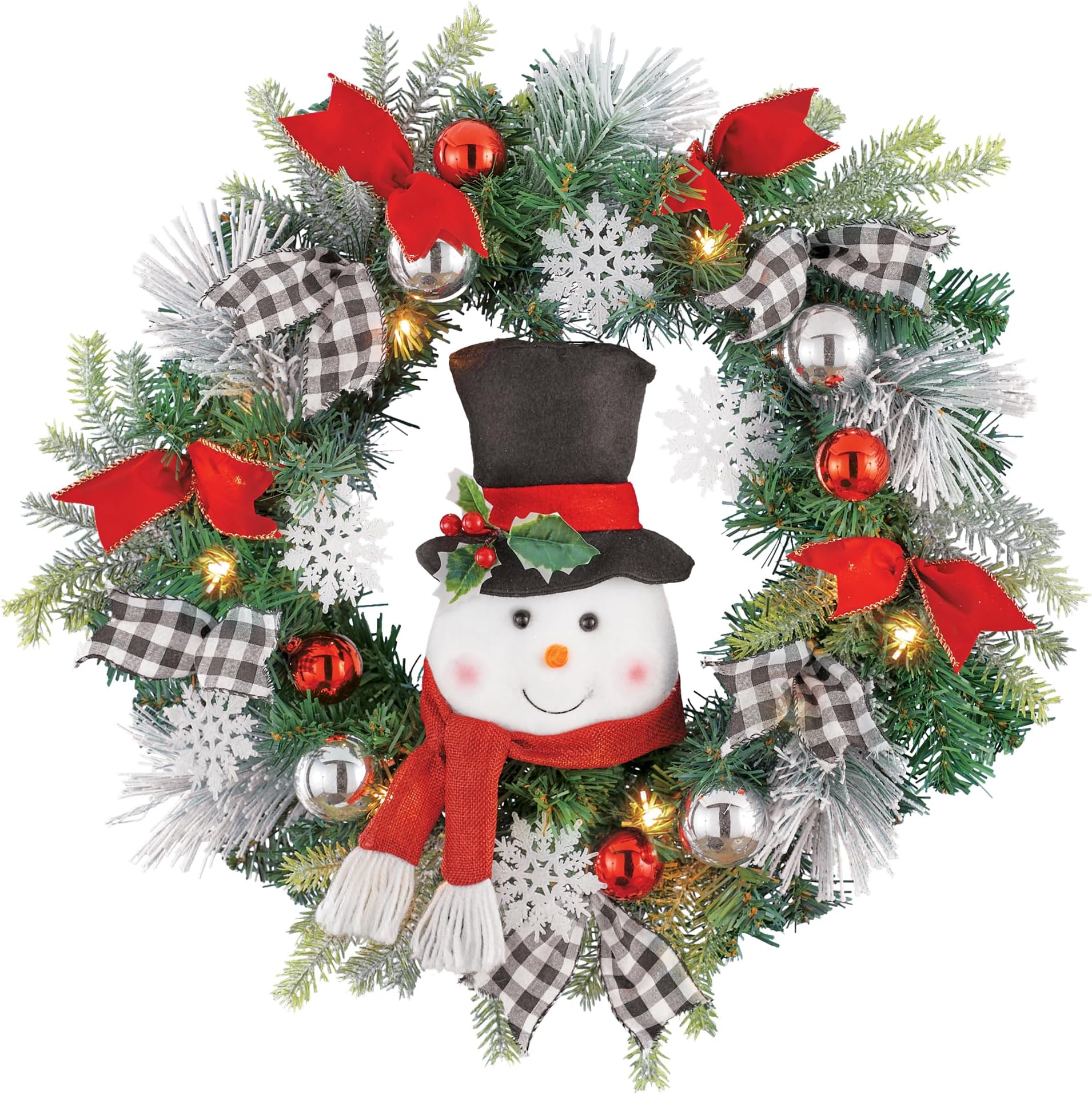 Collections EtcLED Lighted Winter Snowman Wreath with Black/White Buffalo Check Bows