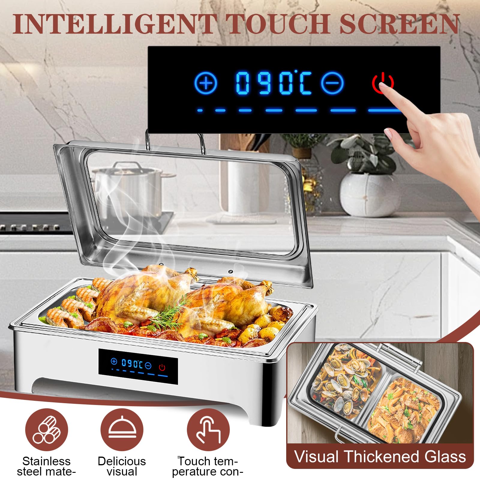 Chafing Dish Buffet Electrico, Profesional Calentador de Buffet Electrico, Food Warmer Buffet Server para Catering y Fiestas, 9L, 400W, 220V, Acero Inoxidable (1/2)