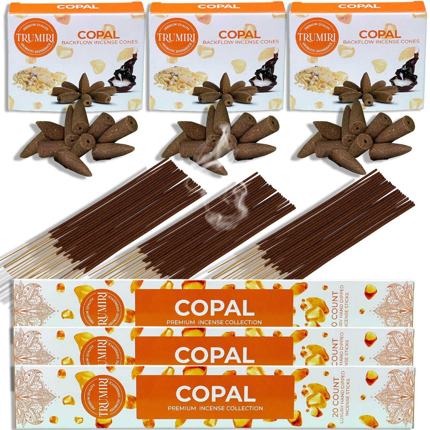 TRUMIRI Copal Incense Sticks & Backflow Incense Cones for Waterfall Combo Pack - 60 Insence-Sticks + 30 Backflow Cones - Insents - Incense Waterfall Cones - Inscense